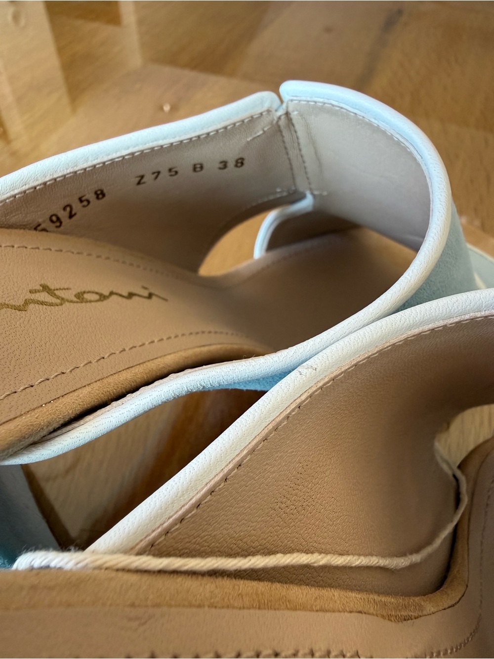 Santoni Light Blue Suede Open-Toe Block Heel Mules with White Trim - Picture 7 of 7